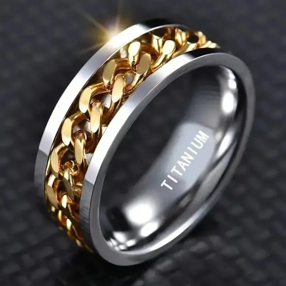 Titanium & Alloy Men's Statement Ring Silver with Gold Spinner Chain Band